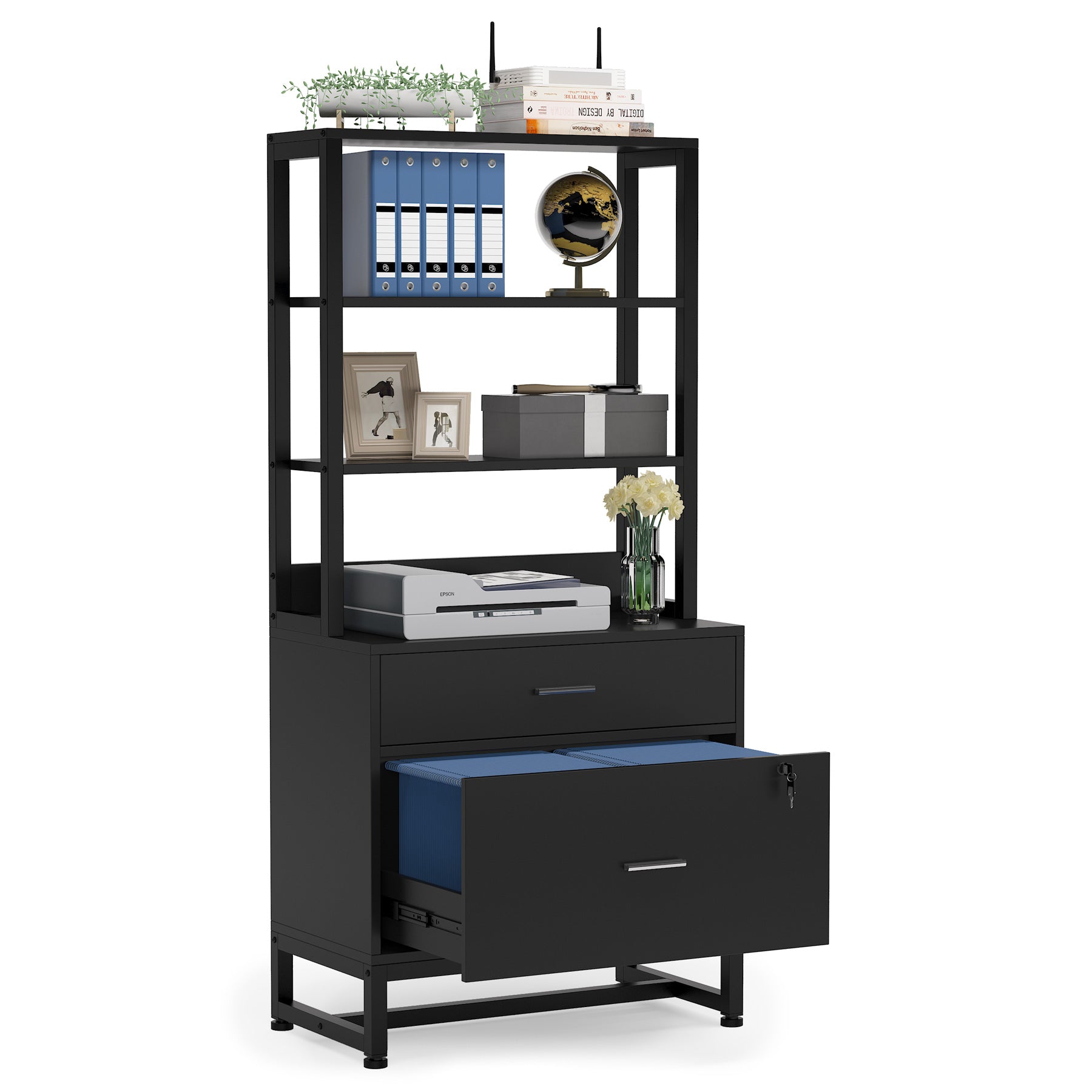 Vertical File Cabinet with 2 Drawers & Bookshelf